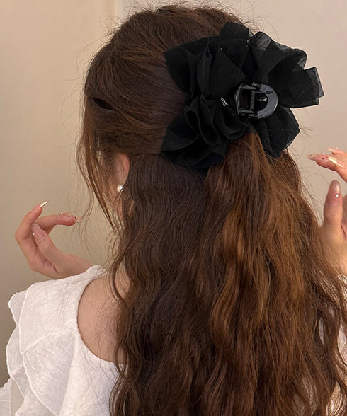リボンバンスクリップ韓国風ヘアアクセ上品 シアービッグリボン髪留め 大きめヘアクリップ 大人可愛いハーフアップ用クリップボリューム感華やか髪飾りオーガンジー髪留め 2HUIXIAN-001