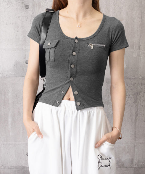 アウトポケット半袖トップススリムTシャツ レディース フロントボタン Y2Kカットソー スクエアネック 華奢見えタイトtシャツ くびれ見え デコルテ見せ夏服着やせ 2JIAHAO-002