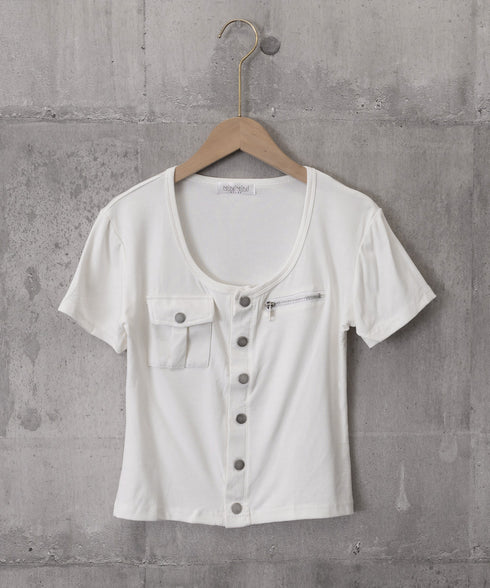 アウトポケット半袖トップススリムTシャツ レディース フロントボタン Y2Kカットソー スクエアネック 華奢見えタイトtシャツ くびれ見え デコルテ見せ夏服着やせ 2JIAHAO-002