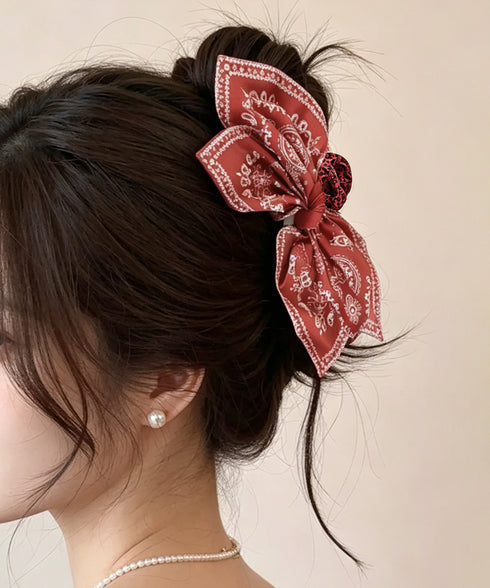 バンダナ柄ビッグリボンバンスクリップ人気 韓国風大きめ髪飾りリボンヘアクリップ 華やかヘアアクセサリー 大人可愛いヘアアレンジ 簡単まとめ髪 ペイズリー柄クリップ 2JIANYUE-001