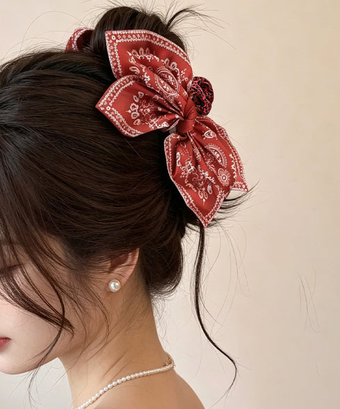 バンダナ柄ビッグリボンバンスクリップ人気 韓国風大きめ髪飾りリボンヘアクリップ 華やかヘアアクセサリー 大人可愛いヘアアレンジ 簡単まとめ髪 ペイズリー柄クリップ 2JIANYUE-001