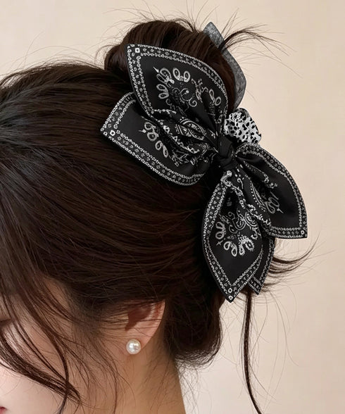 バンダナ柄ビッグリボンバンスクリップ人気 韓国風大きめ髪飾りリボンヘアクリップ 華やかヘアアクセサリー 大人可愛いヘアアレンジ 簡単まとめ髪 ペイズリー柄クリップ 2JIANYUE-001