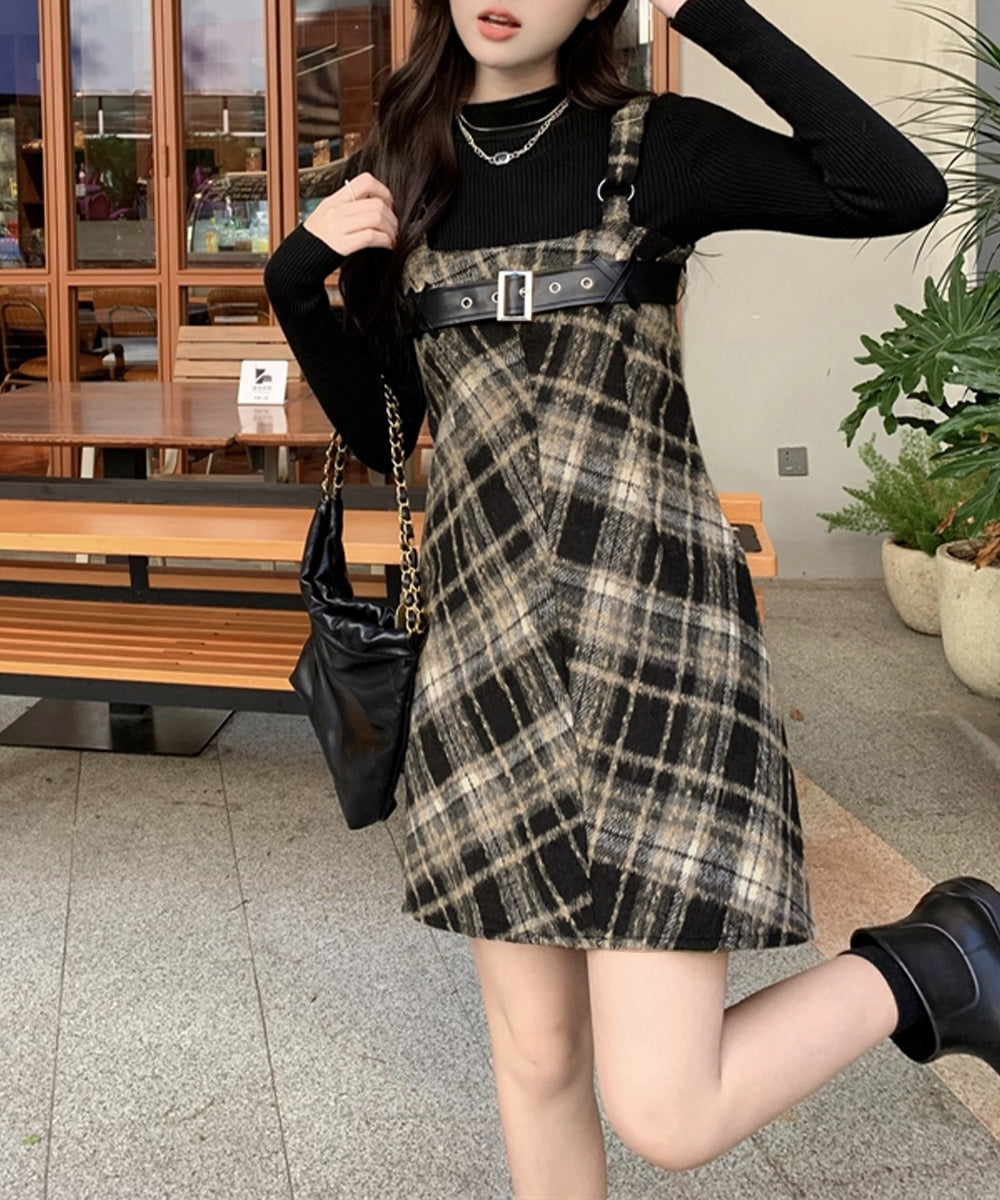 チェック柄サスペンダーワンピースベルト付
