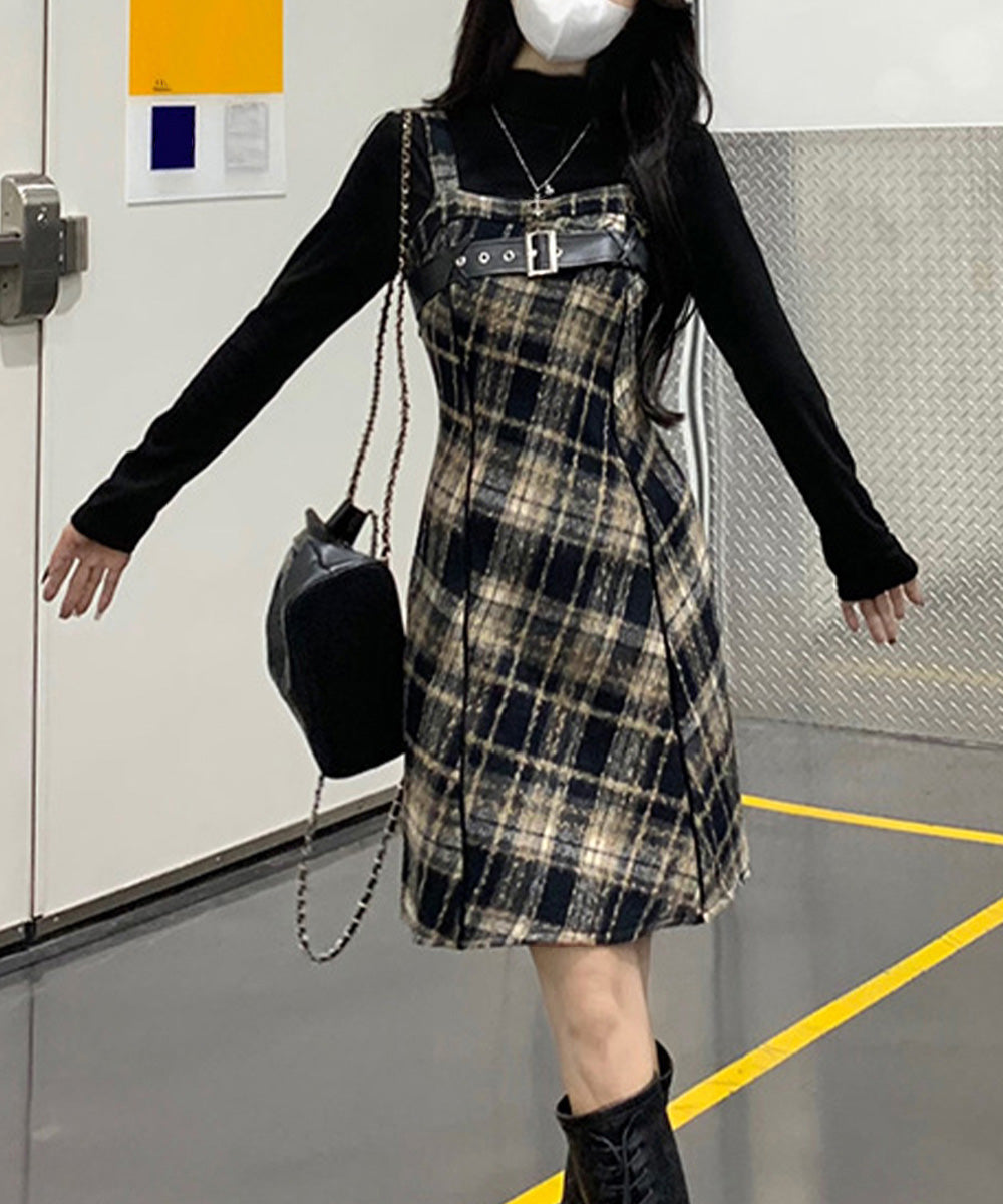 チェック柄サスペンダーワンピースベルト付