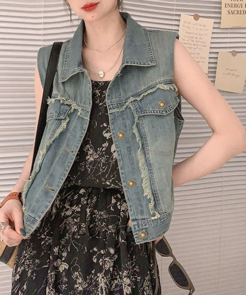 フリンジデニムベスト 襟付き デニムジレ レディース 袖なし レトロGジャン カジュアル ライトアウター ノースリーブデニムジャケット おしゃれ レイヤードベスト 2JINZI-005