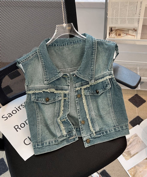 フリンジデニムベスト 襟付き デニムジレ レディース 袖なし レトロGジャン カジュアル ライトアウター ノースリーブデニムジャケット おしゃれ レイヤードベスト 2JINZI-005