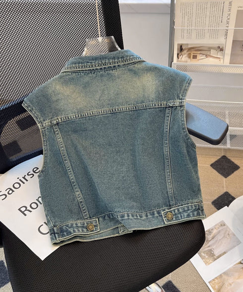 フリンジデニムベスト 襟付き デニムジレ レディース 袖なし レトロGジャン カジュアル ライトアウター ノースリーブデニムジャケット おしゃれ レイヤードベスト 2JINZI-005