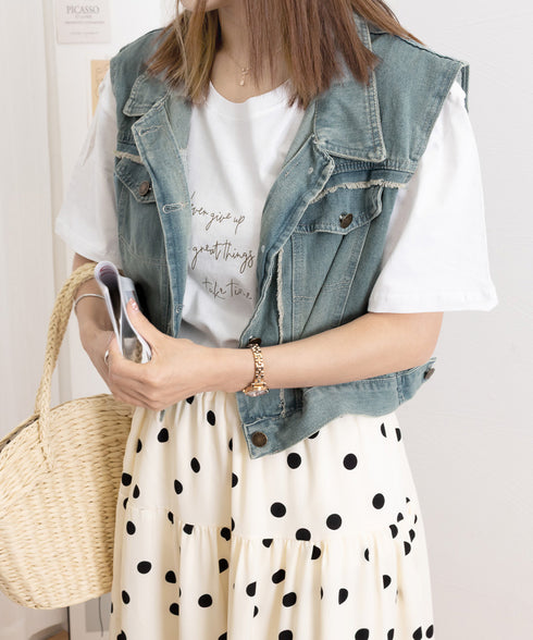 フリンジデニムベスト 襟付き デニムジレ レディース 袖なし レトロGジャン カジュアル ライトアウター ノースリーブデニムジャケット おしゃれ レイヤードベスト 2JINZI-005