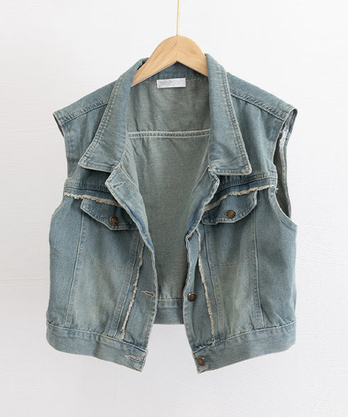 フリンジデニムベスト 襟付き デニムジレ レディース 袖なし レトロGジャン カジュアル ライトアウター ノースリーブデニムジャケット おしゃれ レイヤードベスト 2JINZI-005