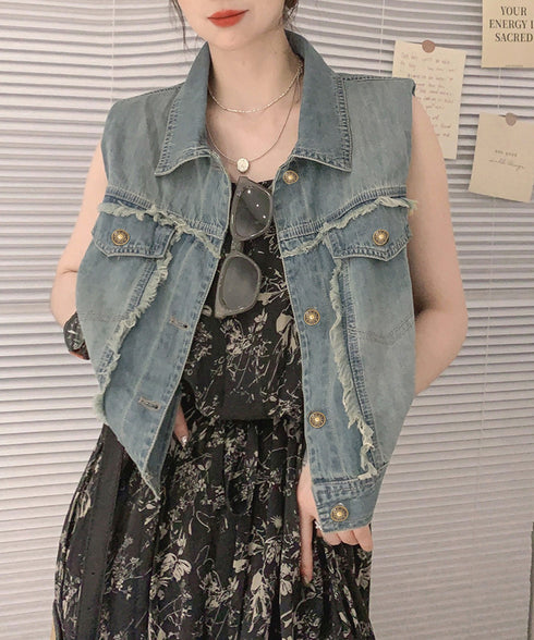 フリンジデニムベスト 襟付き デニムジレ レディース 袖なし レトロGジャン カジュアル ライトアウター ノースリーブデニムジャケット おしゃれ レイヤードベスト 2JINZI-005