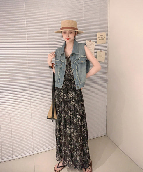 フリンジデニムベスト 襟付き デニムジレ レディース 袖なし レトロGジャン カジュアル ライトアウター ノースリーブデニムジャケット おしゃれ レイヤードベスト 2JINZI-005