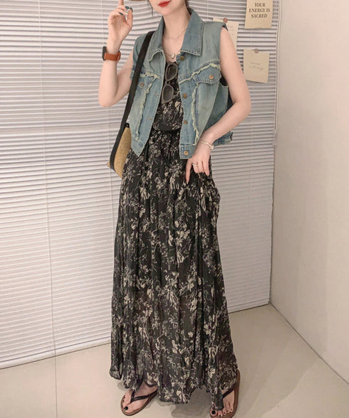 フリンジデニムベスト 襟付き デニムジレ レディース 袖なし レトロGジャン カジュアル ライトアウター ノースリーブデニムジャケット おしゃれ レイヤードベスト 2JINZI-005