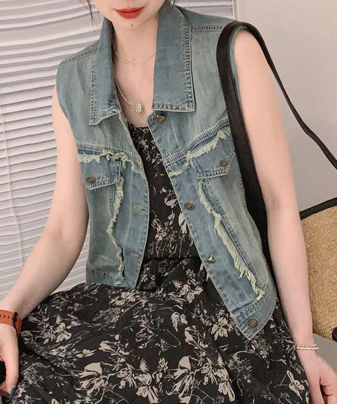 フリンジデニムベスト 襟付き デニムジレ レディース 袖なし レトロGジャン カジュアル ライトアウター ノースリーブデニムジャケット おしゃれ レイヤードベスト 2JINZI-005