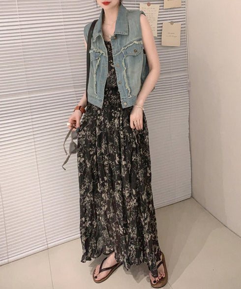 フリンジデニムベスト 襟付き デニムジレ レディース 袖なし レトロGジャン カジュアル ライトアウター ノースリーブデニムジャケット おしゃれ レイヤードベスト 2JINZI-005