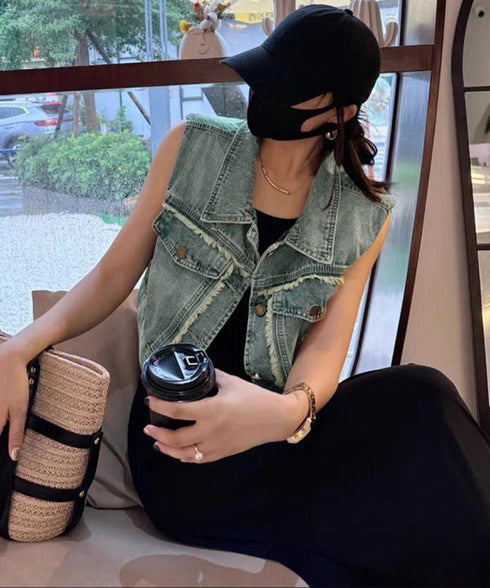 フリンジデニムベスト 襟付き デニムジレ レディース 袖なし レトロGジャン カジュアル ライトアウター ノースリーブデニムジャケット おしゃれ レイヤードベスト 2JINZI-005