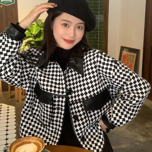 格子柄ジャケット韓国風ショート丈アウター レディースツイード風ジャケット PUレザー異素材mix チェック柄コート オシャレ 秋冬羽織り レトロ 着やせカジュアル 2JIXI-001