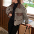 格子柄ジャケット韓国風ショート丈アウター レディースツイード風ジャケット PUレザー異素材mix チェック柄コート オシャレ 秋冬羽織り レトロ 着やせカジュアル 2JIXI-001