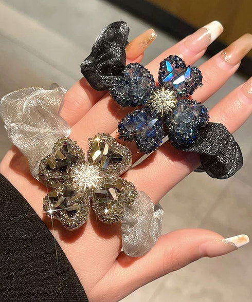 ビジューフラワーシュシュキラキラヘアゴム 華やかな大ぶりオーガンジー髪飾り シアー素材ヘアアクセサリー韓国風ラインストーン大人可愛いボリュームまとめ髪ポニーテール 2JUNSHAN-001