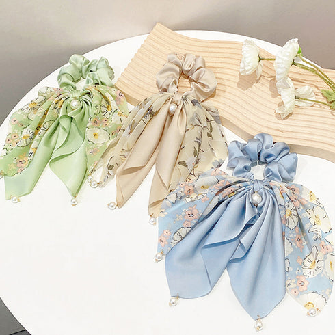 花柄 スカーフシュシュ春夏リボンヘアゴム レディース おしゃれ フラワープリント 蝶結びヘアアレンジ 上品 大人可愛い ヘアアクセサリー 大きめ まとめ髪 韓国風 2JUSHUI-002