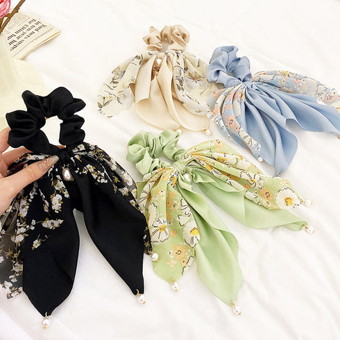 花柄 スカーフシュシュ春夏リボンヘアゴム レディース おしゃれ フラワープリント 蝶結びヘアアレンジ 上品 大人可愛い ヘアアクセサリー 大きめ まとめ髪 韓国風 2JUSHUI-002