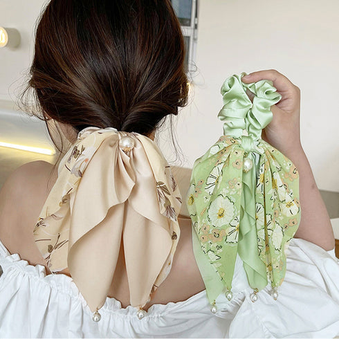 花柄 スカーフシュシュ春夏リボンヘアゴム レディース おしゃれ フラワープリント 蝶結びヘアアレンジ 上品 大人可愛い ヘアアクセサリー 大きめ まとめ髪 韓国風 2JUSHUI-002