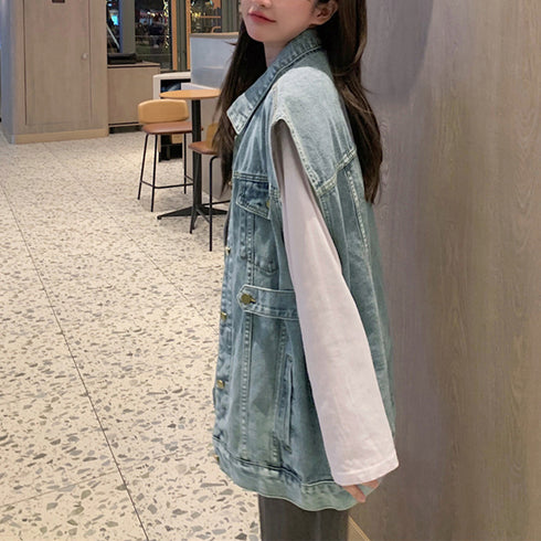 デニムベスト ジレ 重ね着デニムチョッキ ゆったり ノースリーブ デニムジャケット 袖なし Gジャン カジュアル 春秋冬アウターオルチャン オーバーサイズトップス 2KAFKA-002