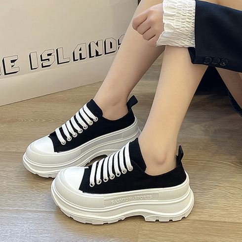 厚底スニーカー キャンバススニーカー韓国 レディース ローカット 韓国ファッション 靴 履きやすい ボリュームシューズ レースアップ カジュアル 美脚くつ春秋夏 2KCHAO-002