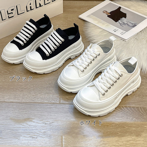 厚底スニーカー キャンバススニーカー韓国 レディース ローカット 韓国ファッション 靴 履きやすい ボリュームシューズ レースアップ カジュアル 美脚くつ春秋夏 2KCHAO-002
