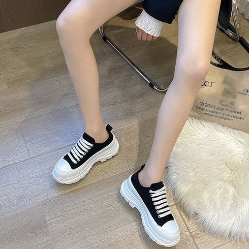 厚底スニーカー キャンバススニーカー韓国 レディース ローカット 韓国ファッション 靴 履きやすい ボリュームシューズ レースアップ カジュアル 美脚くつ春秋夏 2KCHAO-002