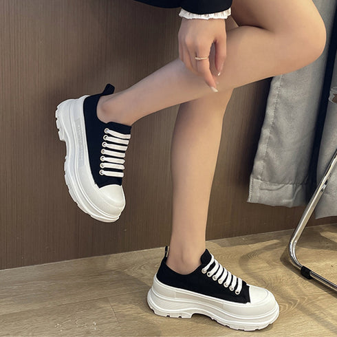 厚底スニーカー キャンバススニーカー韓国 レディース ローカット 韓国ファッション 靴 履きやすい ボリュームシューズ レースアップ カジュアル 美脚くつ春秋夏 2KCHAO-002