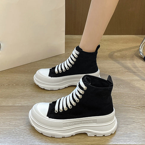 ハイカットスニーカー 韓国厚底スニーカー トラックソールキャンバススニーカー 痛くないレースアップシューズ レディース 通勤靴 通学靴 歩きやすい靴 身長盛れる靴 2KCHAO-003