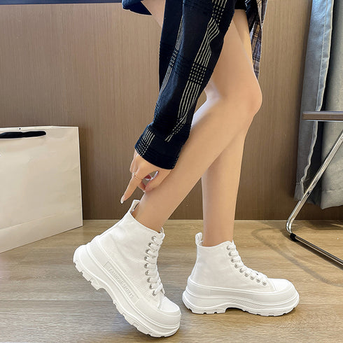 ハイカットスニーカー 韓国厚底スニーカー トラックソールキャンバススニーカー 痛くないレースアップシューズ レディース 通勤靴 通学靴 歩きやすい靴 身長盛れる靴 2KCHAO-003