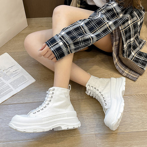 ハイカットスニーカー 韓国厚底スニーカー トラックソールキャンバススニーカー 痛くないレースアップシューズ レディース 通勤靴 通学靴 歩きやすい靴 身長盛れる靴 2KCHAO-003