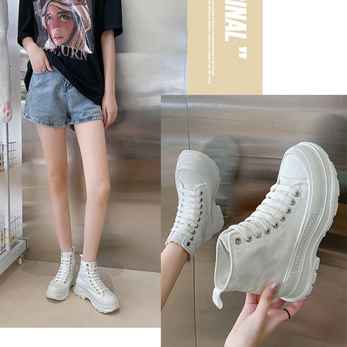 ハイカットスニーカー 韓国厚底スニーカー トラックソールキャンバススニーカー 痛くないレースアップシューズ レディース 通勤靴 通学靴 歩きやすい靴 身長盛れる靴 2KCHAO-003