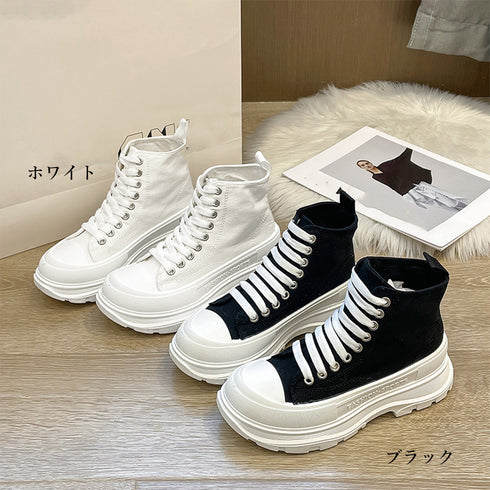 ハイカットスニーカー 韓国厚底スニーカー トラックソールキャンバススニーカー 痛くないレースアップシューズ レディース 通勤靴 通学靴 歩きやすい靴 身長盛れる靴 2KCHAO-003