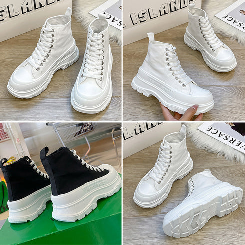 ハイカットスニーカー 韓国厚底スニーカー トラックソールキャンバススニーカー 痛くないレースアップシューズ レディース 通勤靴 通学靴 歩きやすい靴 身長盛れる靴 2KCHAO-003