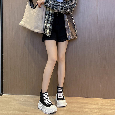 ハイカットスニーカー 韓国厚底スニーカー トラックソールキャンバススニーカー 痛くないレースアップシューズ レディース 通勤靴 通学靴 歩きやすい靴 身長盛れる靴 2KCHAO-003