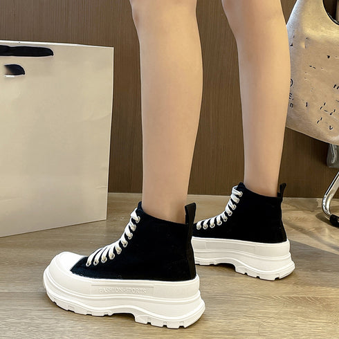 ハイカットスニーカー 韓国厚底スニーカー トラックソールキャンバススニーカー 痛くないレースアップシューズ レディース 通勤靴 通学靴 歩きやすい靴 身長盛れる靴 2KCHAO-003