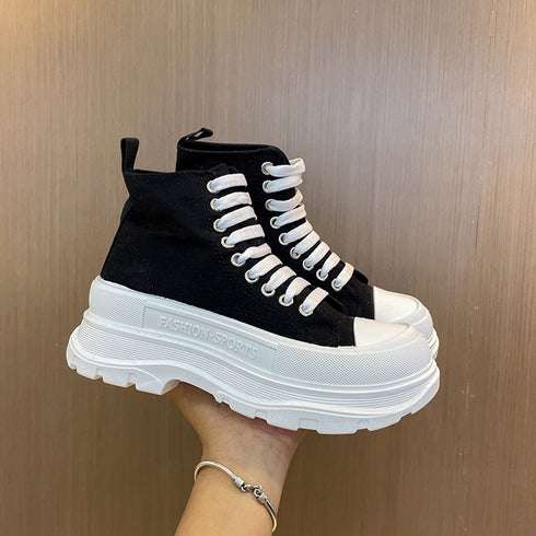 ハイカットスニーカー 韓国厚底スニーカー トラックソールキャンバススニーカー 痛くないレースアップシューズ レディース 通勤靴 通学靴 歩きやすい靴 身長盛れる靴 2KCHAO-003