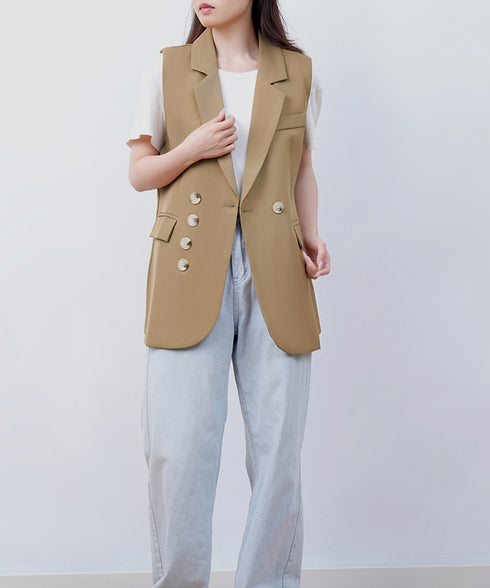 テーラードベスト レディースジレ 韓国風 テーラードジレ ダブルボタン ノースリーブジャケット 体型カバーベスト着やせ オフィスカジュアル 春夏秋冬ライトアウター 2LASA-001