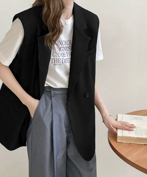 テーラードベスト レディースジレ 韓国風 テーラードジレ ダブルボタン ノースリーブジャケット 体型カバーベスト着やせ オフィスカジュアル 春夏秋冬ライトアウター 2LASA-001