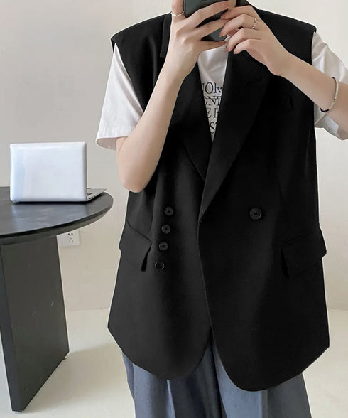 テーラードベスト レディースジレ 韓国風 テーラードジレ ダブルボタン ノースリーブジャケット 体型カバーベスト着やせ オフィスカジュアル 春夏秋冬ライトアウター 2LASA-001