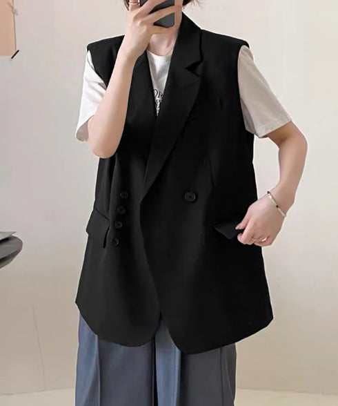 テーラードベスト レディースジレ 韓国風 テーラードジレ ダブルボタン ノースリーブジャケット 体型カバーベスト着やせ オフィスカジュアル 春夏秋冬ライトアウター 2LASA-001