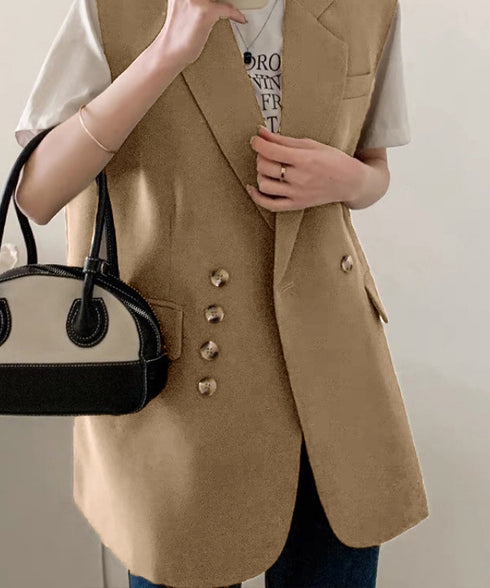 テーラードベスト レディースジレ 韓国風 テーラードジレ ダブルボタン ノースリーブジャケット 体型カバーベスト着やせ オフィスカジュアル 春夏秋冬ライトアウター 2LASA-001