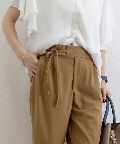 ストレートパンツ リボンスラックス 美脚 レディース ハイウエスト セミワイドパンツ 涼しげ ロングパンツ 春夏 オフィスカジュアル 通勤ズボン 着やせ きれいめ 2LINYI-001