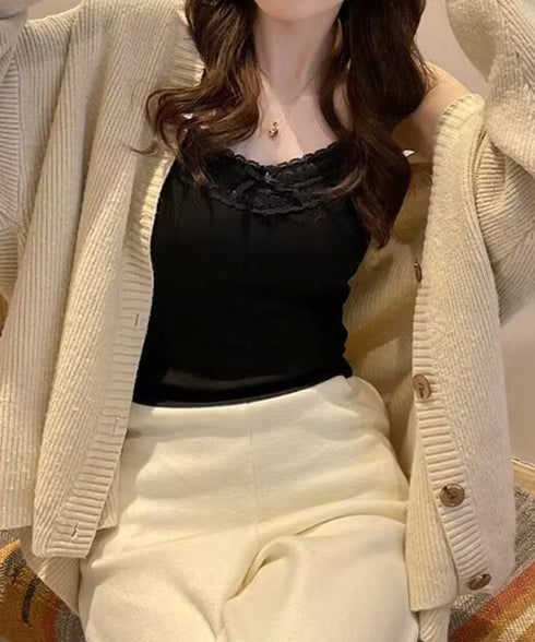 カップ付きキャミソールレーストリムキャミ レディース フロントリボンリブキャミ おしゃれインナートップス 着回し肌着 快適フィットブラトップ春夏カップ付きインナー 2LMIOU-001