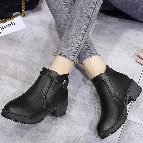 ショートブーツ レディース 裏起毛ブーツ レトロ PUレザー バックルブーツ 履きやすい シューズ カジュアル バックジップブーツ 歩きやすい 通勤秋冬靴おしゃれ 2LONG-004