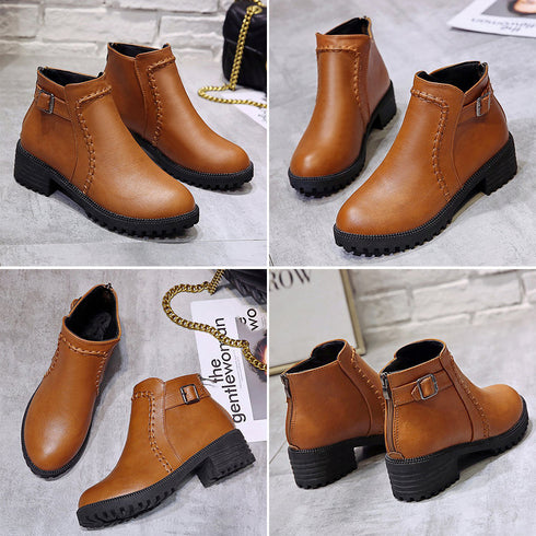 ショートブーツ レディース 裏起毛ブーツ レトロ PUレザー バックルブーツ 履きやすい シューズ カジュアル バックジップブーツ 歩きやすい 通勤秋冬靴おしゃれ 2LONG-004