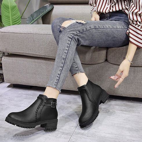 ショートブーツ レディース 裏起毛ブーツ レトロ PUレザー バックルブーツ 履きやすい シューズ カジュアル バックジップブーツ 歩きやすい 通勤秋冬靴おしゃれ 2LONG-004