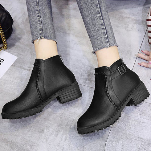 ショートブーツ レディース 裏起毛ブーツ レトロ PUレザー バックルブーツ 履きやすい シューズ カジュアル バックジップブーツ 歩きやすい 通勤秋冬靴おしゃれ 2LONG-004